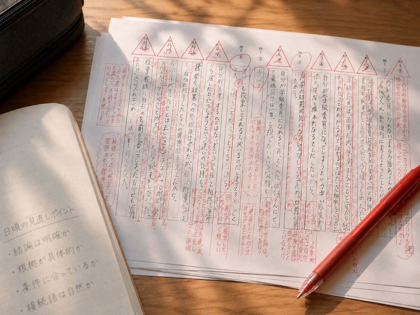 添削された国語の過去問答案と見直しノート